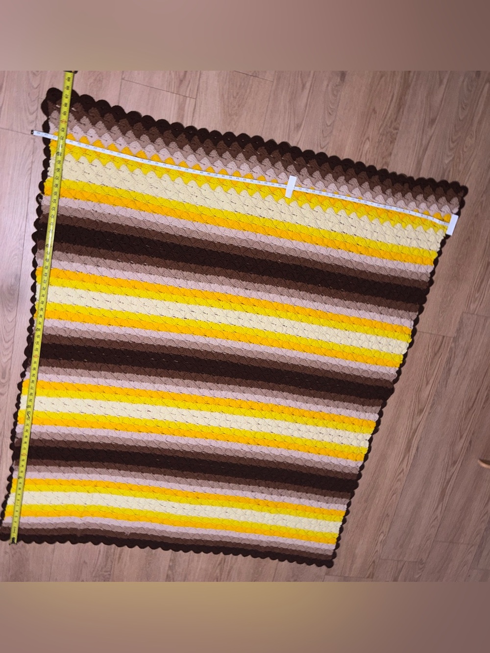VNTG 70s crochet Afghan blanket-earthy stripes and scalloped edges.(68x60)